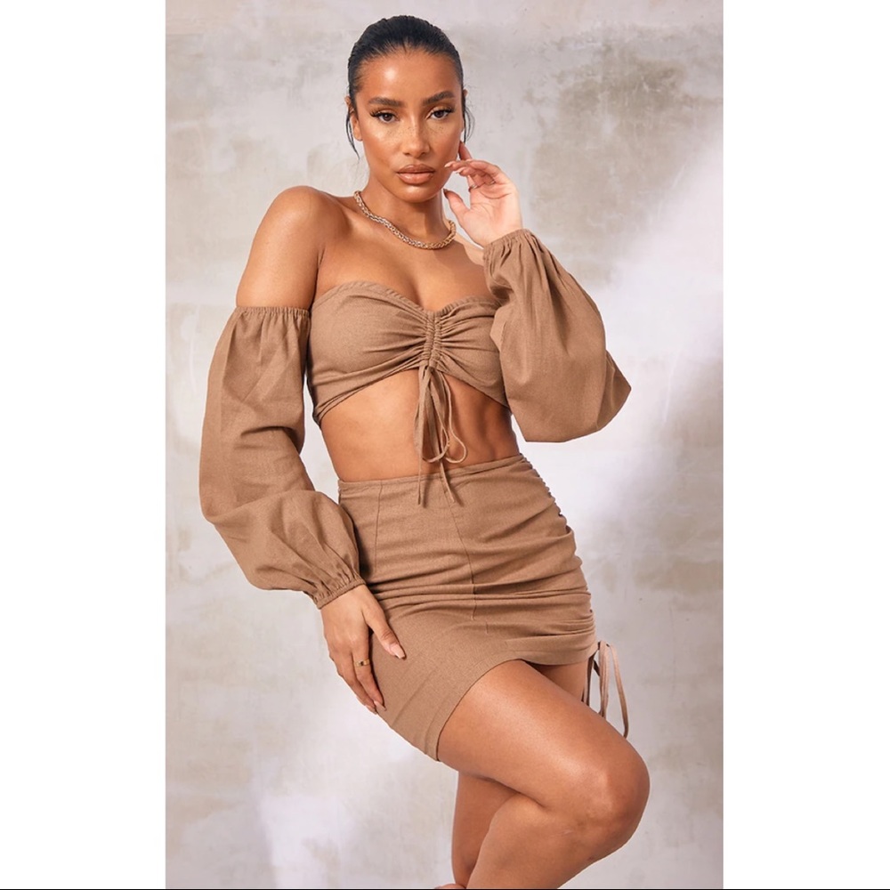 Mocha Ruched Bardot top & Skirt Set